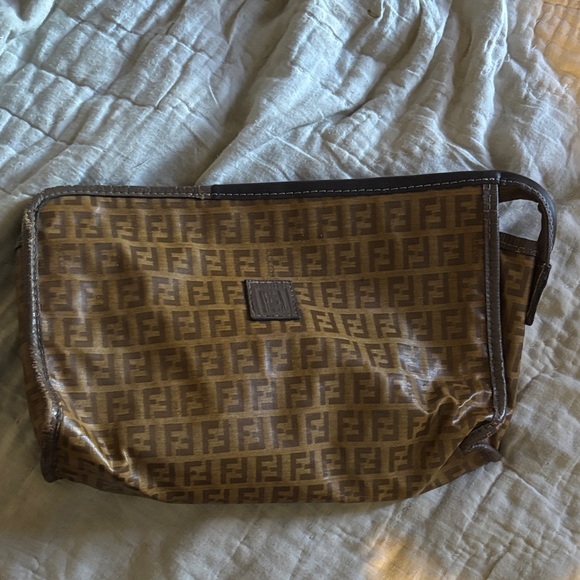 Fendi Tan clutch / toiletry Bag with Iconic Logo Pattern (rare )